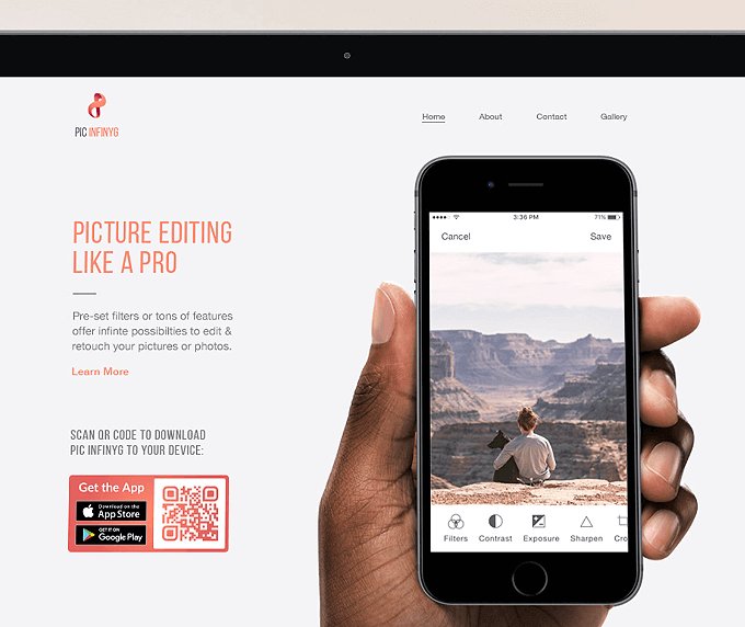 Website of a photo editing software with a QR Code that links to a smartphone app in the Apple App Store and Google Play Store.
