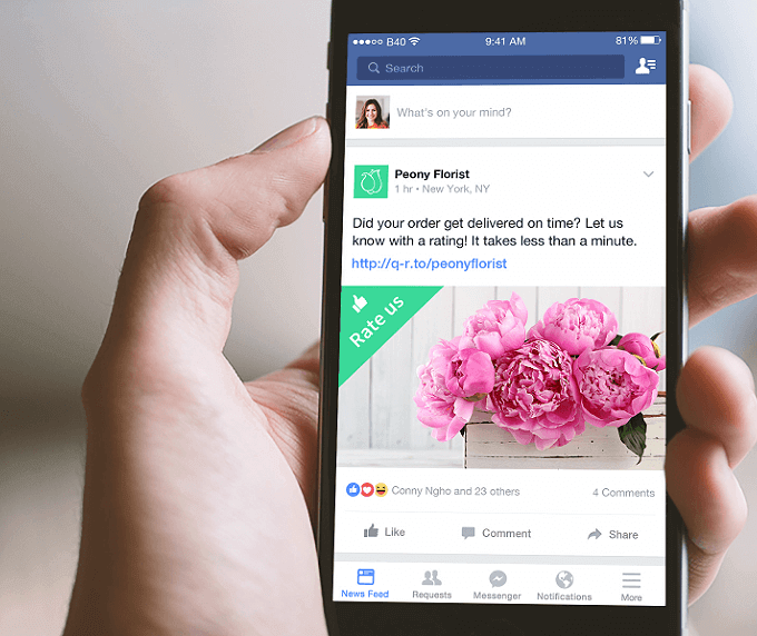 Facebook post that encourages customers to leave feedback by clicking on a short URL generated from a QR Code.