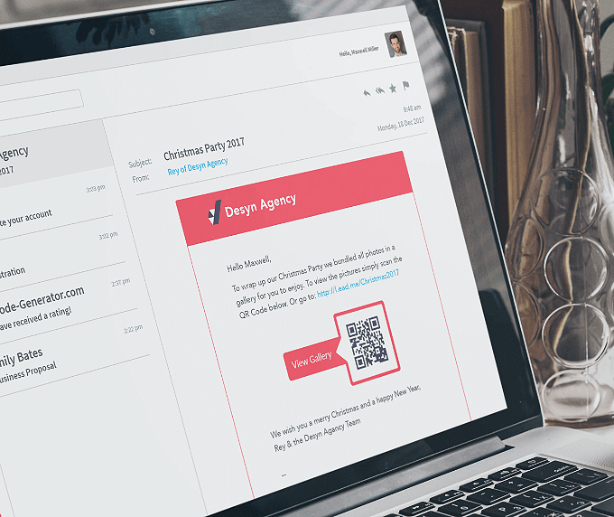 An email screenshot with a QR Code that links to images displayed in a gallery format.